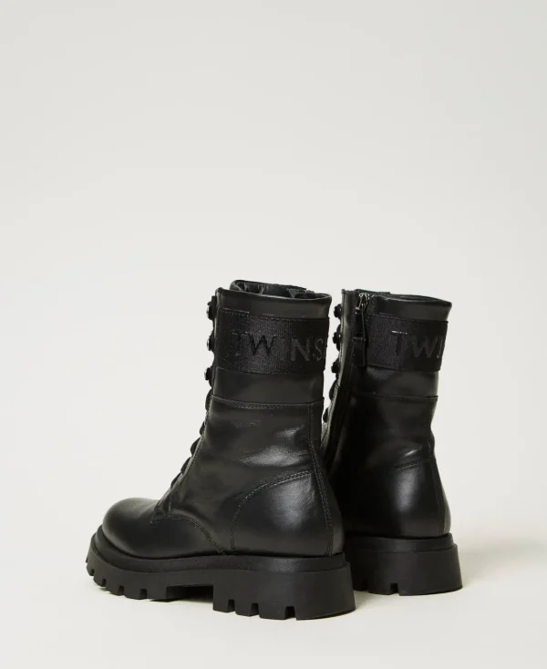 Chaussures*TWINSET Milano Bottines Motardes En Cuir Avec Logo Noir