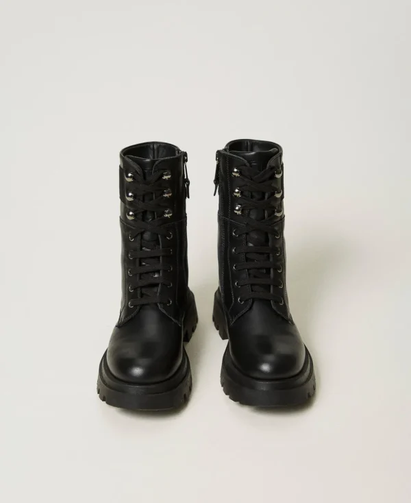 Chaussures*TWINSET Milano Bottines Motardes En Cuir Avec Logo Noir