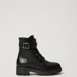 Chaussures*TWINSET Milano Bottines Motardes Enfant En Cuir Avec Bride Noir