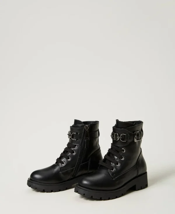 Chaussures*TWINSET Milano Bottines Motardes Enfant En Cuir Avec Bride Noir