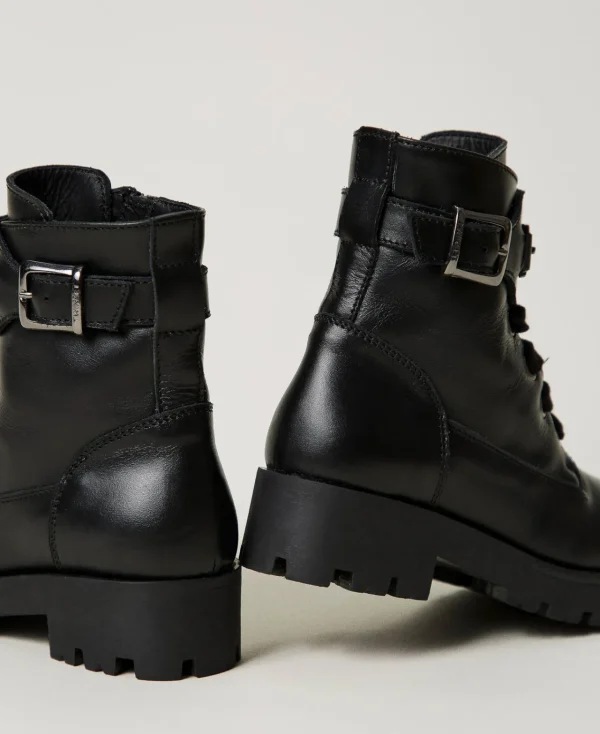 Chaussures*TWINSET Milano Bottines Motardes Enfant En Cuir Avec Bride Noir