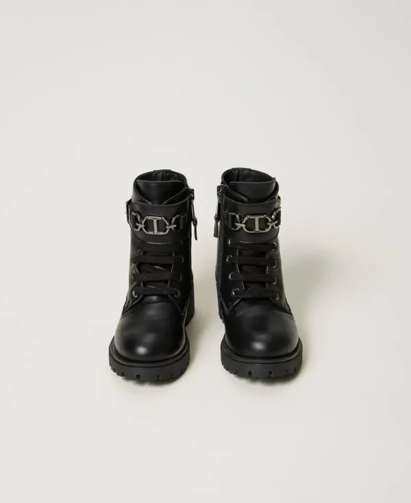 Chaussures*TWINSET Milano Bottines Motardes Enfant En Cuir Avec Bride Noir