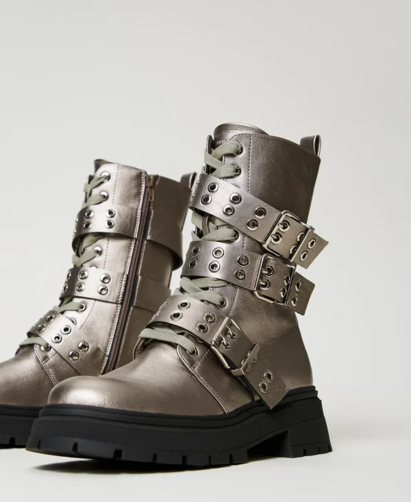 Bottines Motardes | Chaussures Plates*TWINSET Milano Bottines Motardes Lamées Avec Brides Noisette Étain