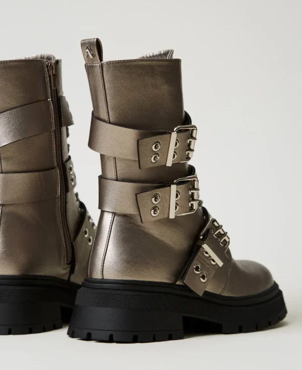 Bottines Motardes | Chaussures Plates*TWINSET Milano Bottines Motardes Lamées Avec Brides Noisette Étain