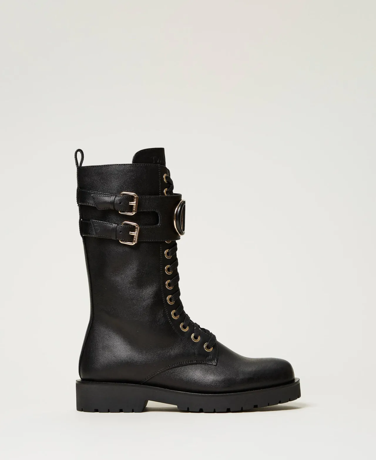 bottines_motardes_montant_0.webp Bottines Motardes | Chaussures Plates*TWINSET Milano Bottines Motardes Montantes En Cuir Avec Oval T Noir
