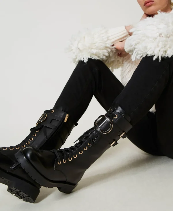 Bottines Motardes | Chaussures Plates*TWINSET Milano Bottines Motardes Montantes En Cuir Avec Oval T Noir