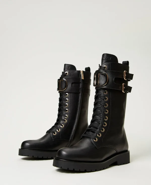 Bottines Motardes | Chaussures Plates*TWINSET Milano Bottines Motardes Montantes En Cuir Avec Oval T Noir