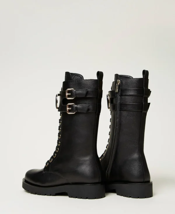 Bottines Motardes | Chaussures Plates*TWINSET Milano Bottines Motardes Montantes En Cuir Avec Oval T Noir