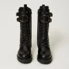 Bottines Motardes | Chaussures Plates*TWINSET Milano Bottines Motardes Montantes En Cuir Avec Oval T Noir
