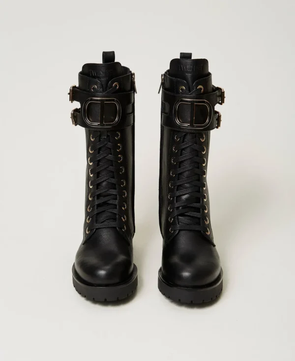 Bottines Motardes | Chaussures Plates*TWINSET Milano Bottines Motardes Montantes En Cuir Avec Oval T Noir