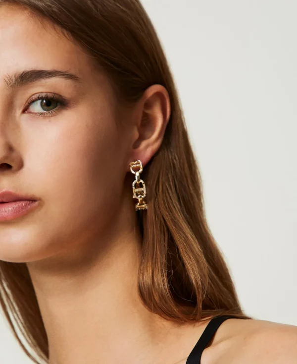 Bijoux*TWINSET Milano Boucles D’oreilles Avec Chaîne Oval T Et Strass New Gold