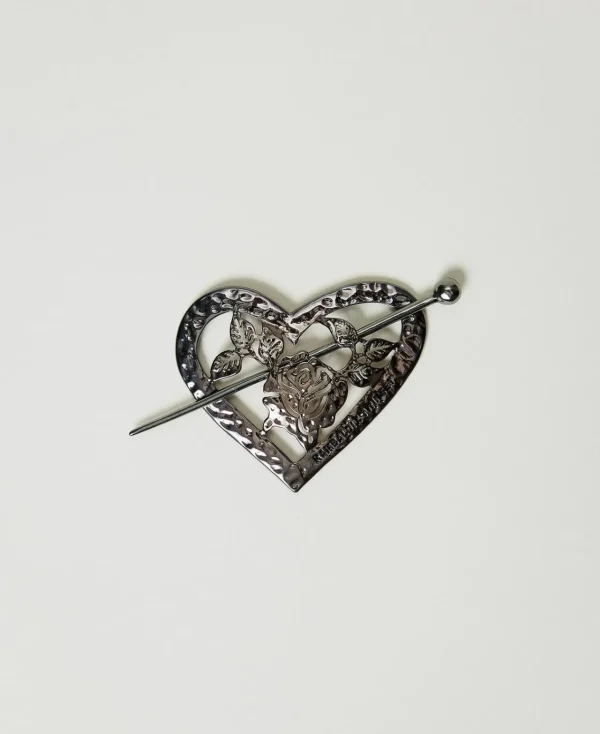 Bijoux*TWINSET Milano Broche En Cœur Avec Fleur Gris Canon de fusil