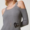 Bijoux*TWINSET Milano Broche En Cœur Avec Fleur Gris Canon de fusil