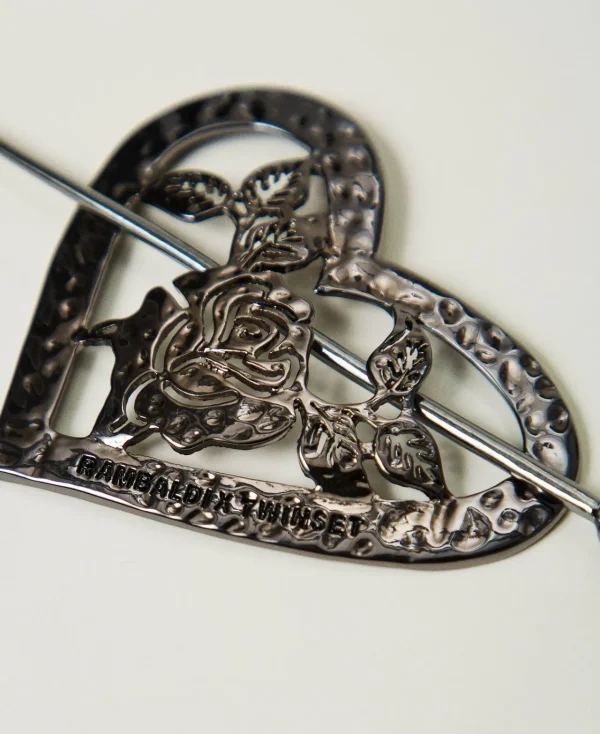 Bijoux*TWINSET Milano Broche En Cœur Avec Fleur Gris Canon de fusil