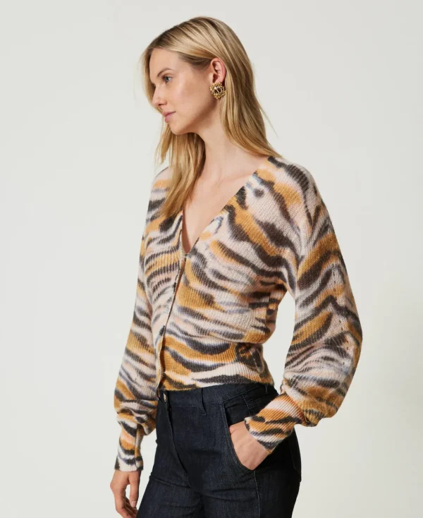 Pulls Et Cardigans*TWINSET Milano Cardigan Double Usage En Laine Et Alpaga Imprimé Tigre Orange « Tanné »/Noir