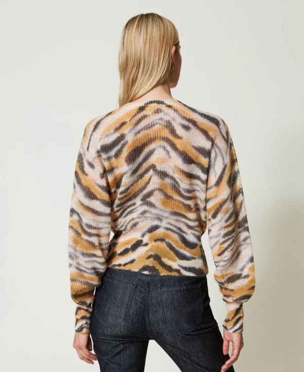 Pulls Et Cardigans*TWINSET Milano Cardigan Double Usage En Laine Et Alpaga Imprimé Tigre Orange « Tanné »/Noir