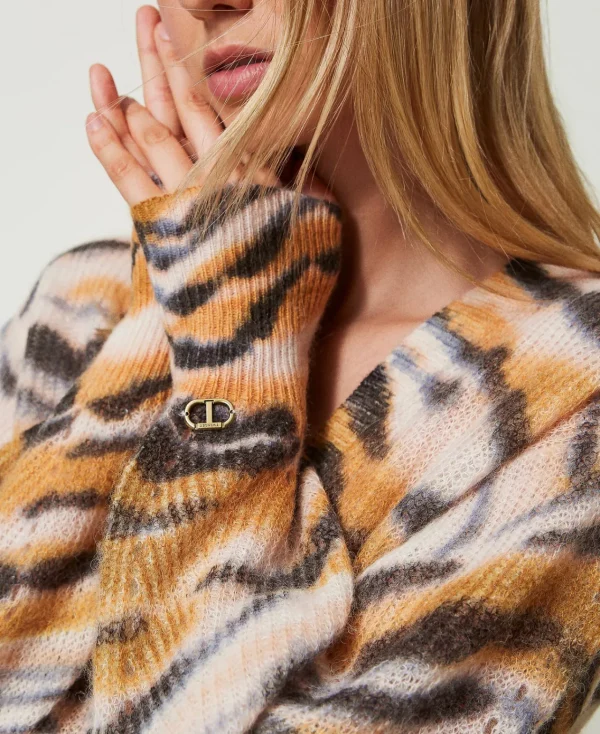 Pulls Et Cardigans*TWINSET Milano Cardigan Double Usage En Laine Et Alpaga Imprimé Tigre Orange « Tanné »/Noir