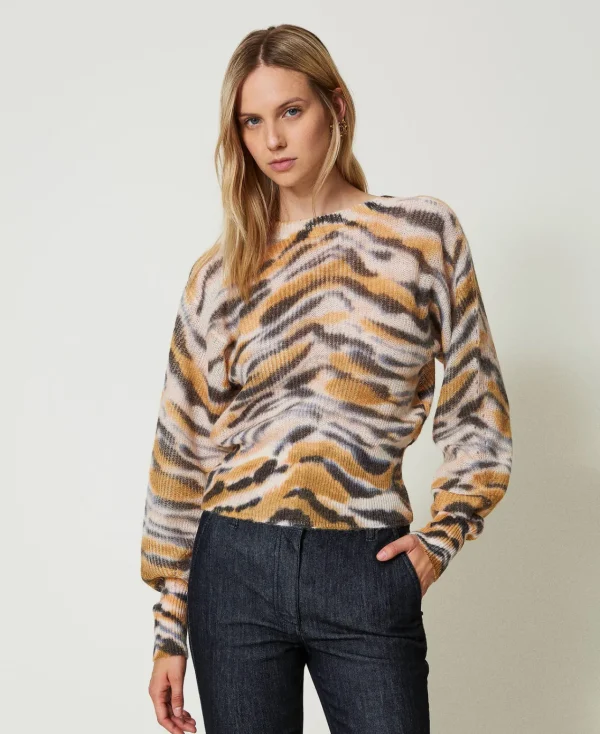 Pulls Et Cardigans*TWINSET Milano Cardigan Double Usage En Laine Et Alpaga Imprimé Tigre Orange « Tanné »/Noir