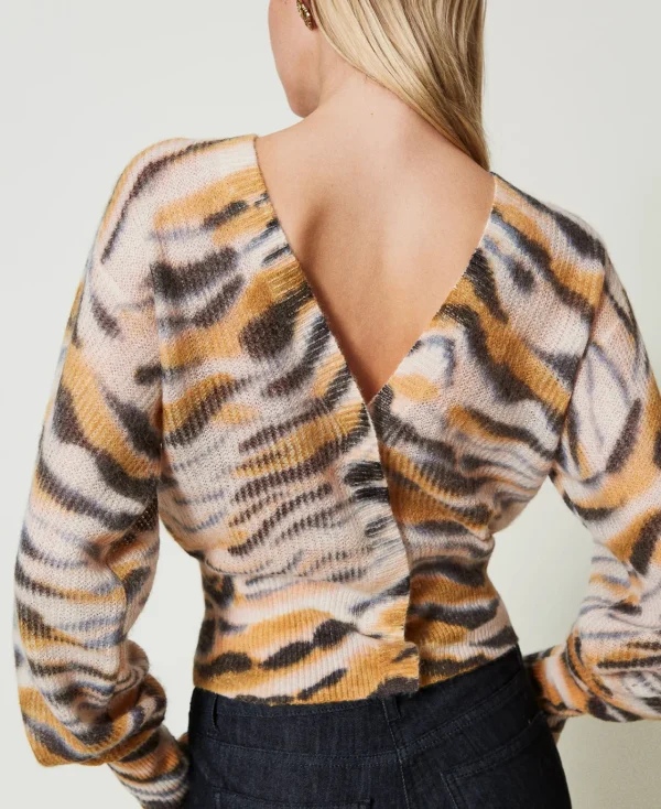 Pulls Et Cardigans*TWINSET Milano Cardigan Double Usage En Laine Et Alpaga Imprimé Tigre Orange « Tanné »/Noir