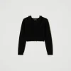 cardigan_en_fil_treeblend_1.webp Pulls Et Cardigans*TWINSET Milano Cardigan En Fil Treeblend Avec Torsades Noir