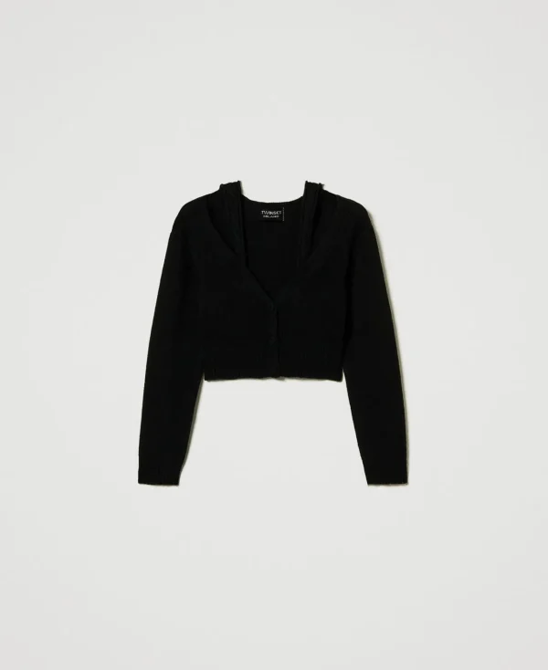 cardigan_en_fil_treeblend_1.webp Pulls Et Cardigans*TWINSET Milano Cardigan En Fil Treeblend Avec Torsades Noir