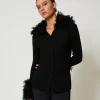 Pulls Et Cardigans*TWINSET Milano Cardigan En Laine Mélangée Et Fausse Fourrure Noir