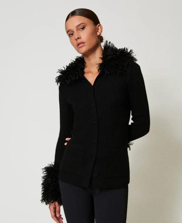 Pulls Et Cardigans*TWINSET Milano Cardigan En Laine Mélangée Et Fausse Fourrure Noir