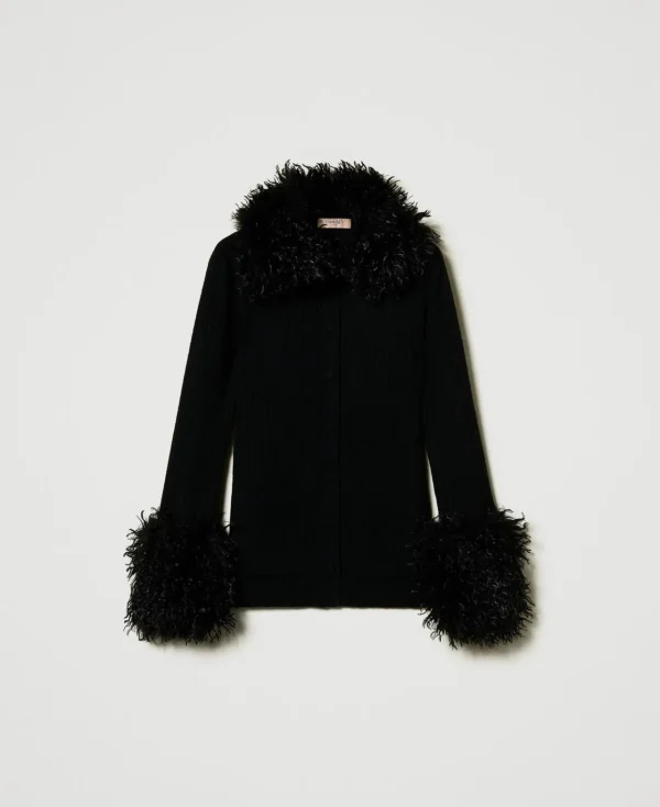 Pulls Et Cardigans*TWINSET Milano Cardigan En Laine Mélangée Et Fausse Fourrure Noir