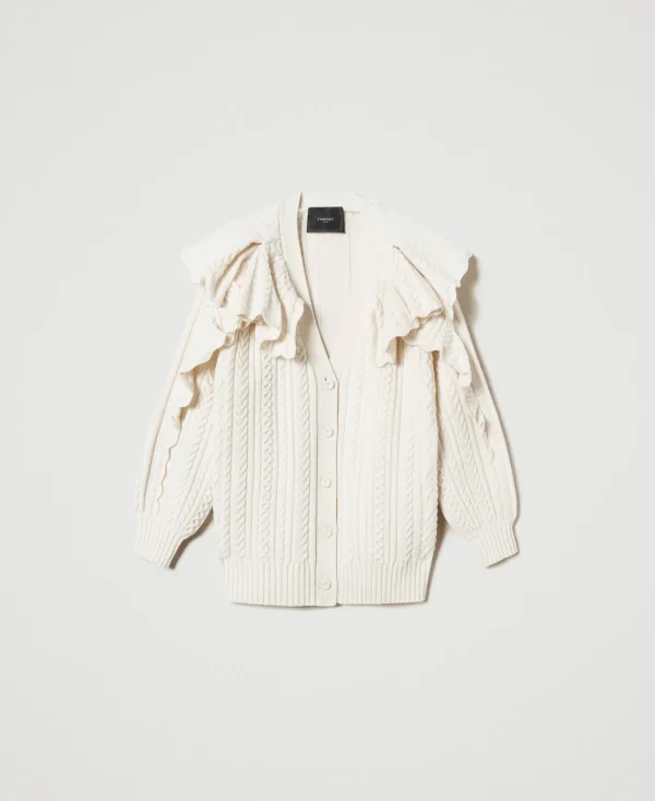 cardigan_en_laine_mlange__1.webp Pulls Et Cardigans*TWINSET Milano Cardigan En Laine Mélangée Avec Volants Blanc Neige