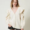 cardigan_en_laine_mlange__2.webp Pulls Et Cardigans*TWINSET Milano Cardigan En Laine Mélangée Avec Volants Blanc Neige