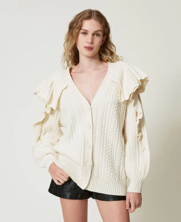 cardigan_en_laine_mlange__2.webp Pulls Et Cardigans*TWINSET Milano Cardigan En Laine Mélangée Avec Volants Blanc Neige