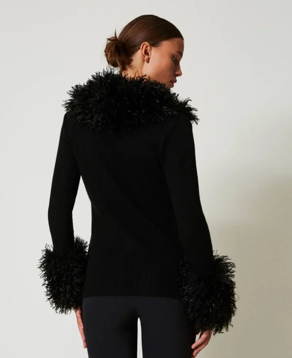 Pulls Et Cardigans*TWINSET Milano Cardigan En Laine Mélangée Et Fausse Fourrure Noir