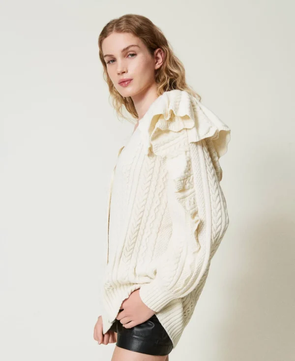 cardigan_en_laine_mlange__3.webp Pulls Et Cardigans*TWINSET Milano Cardigan En Laine Mélangée Avec Volants Blanc Neige