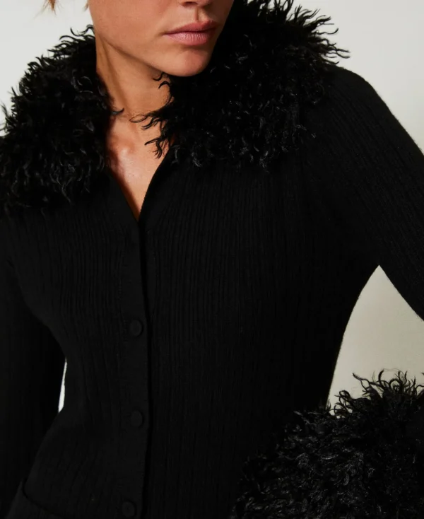 Pulls Et Cardigans*TWINSET Milano Cardigan En Laine Mélangée Et Fausse Fourrure Noir