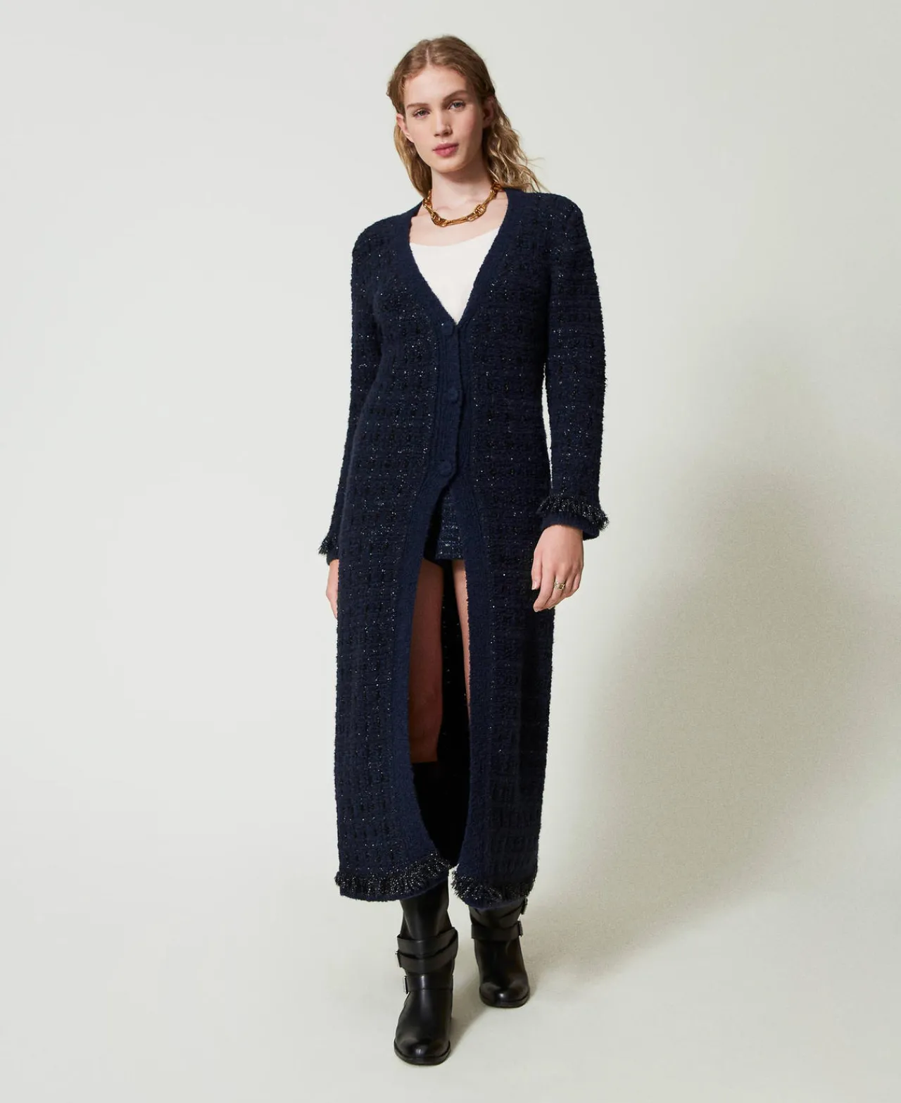 Manteaux Et Trenchs | Pulls Et Cardigans*TWINSET Milano Cardigan Long Jacquard à Carreaux Jacquard Carreau Bleu Classique Clair