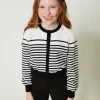 Pulls Et Cardigans*TWINSET Milano Cardigan Rayé Avec Logo Jacquard Bicolore Blanc Cassé / Noir