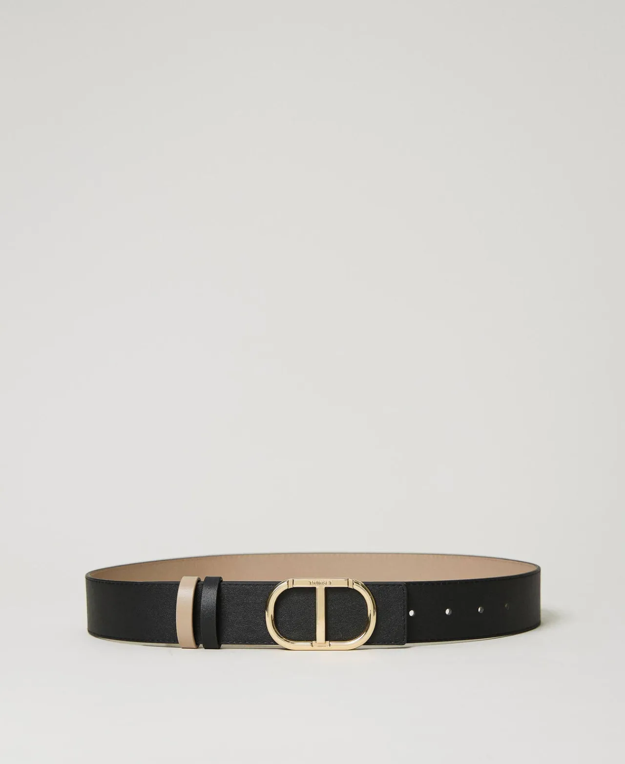 ceinture_rversible_en_cui_0.webp Ceintures*TWINSET Milano Ceinture Réversible En Cuir Avec Oval T Bicolore Noir/Beige « Light Taupe »