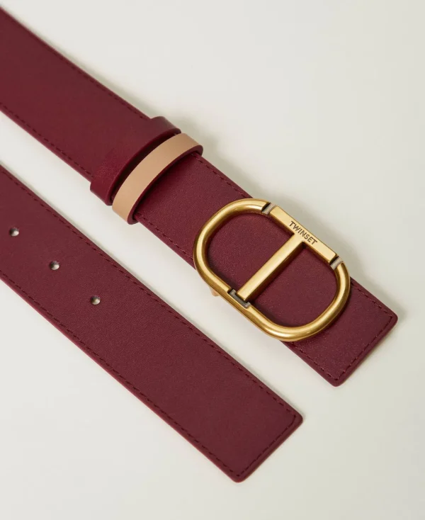 Ceintures*TWINSET Milano Ceinture Réversible En Cuir Avec Oval T Bicolore Red Plum/Marron « Sandy Brown »