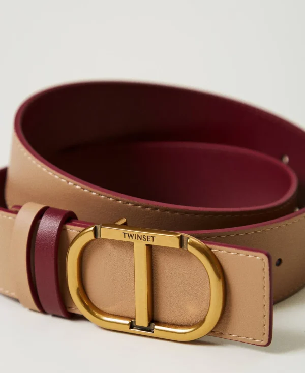 Ceintures*TWINSET Milano Ceinture Réversible En Cuir Avec Oval T Bicolore Red Plum/Marron « Sandy Brown »