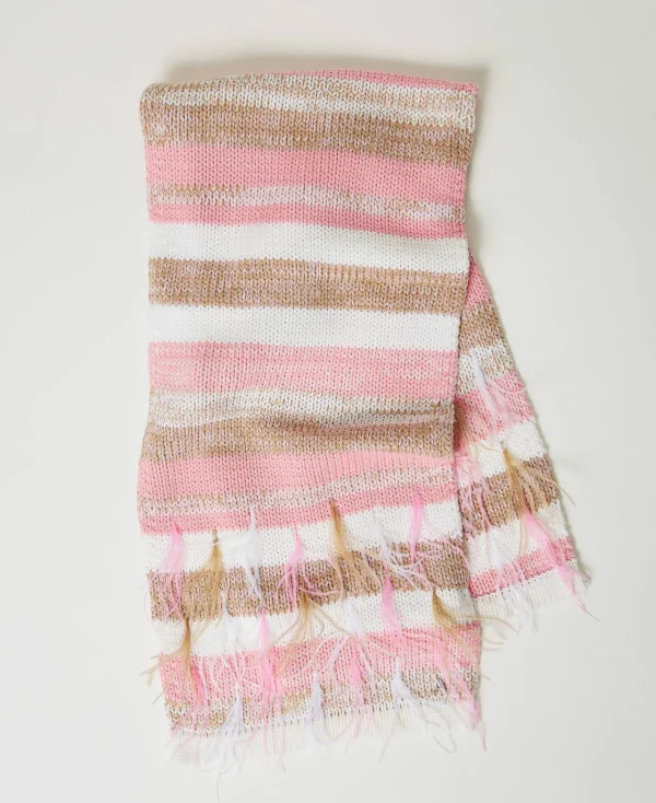 charpe_jacquard_avec_plum_0.webp Écharpes*TWINSET Milano Écharpe Jacquard Avec Plumes Multicolore Rose « Crystal Pink »/Marron « Cinnamon »/Blanc