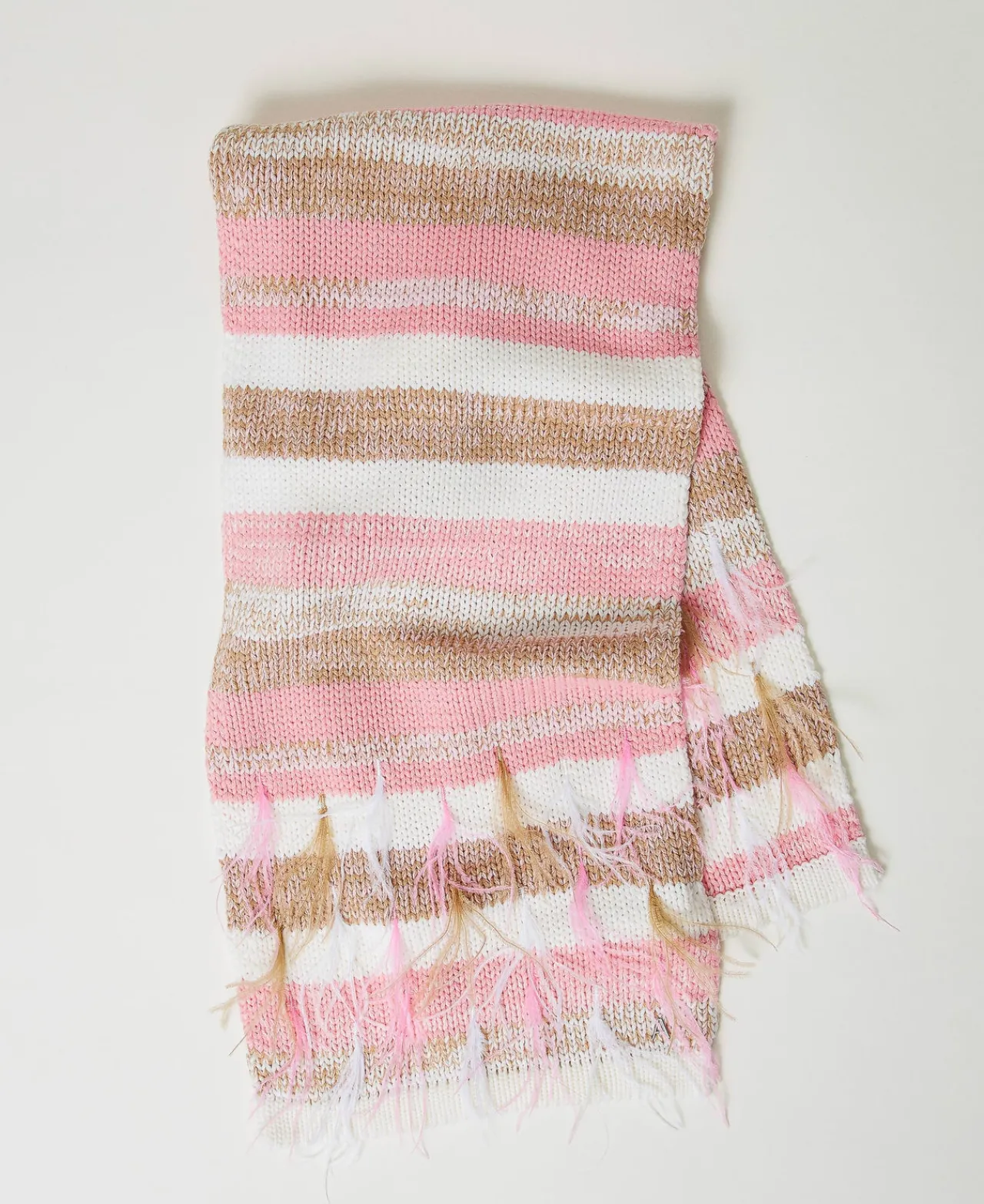 Écharpes*TWINSET Milano Écharpe Jacquard Avec Plumes Multicolore Rose « Crystal Pink »/Marron « Cinnamon »/Blanc