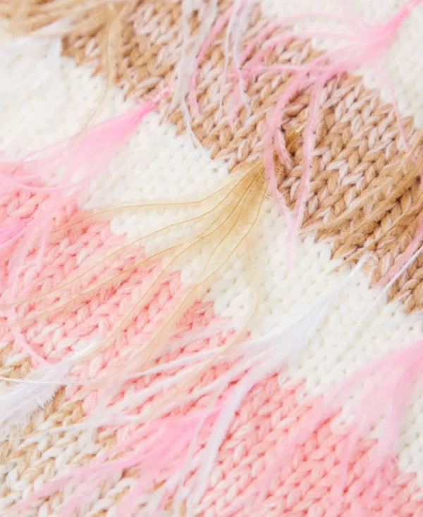 charpe_jacquard_avec_plum_2.webp Écharpes*TWINSET Milano Écharpe Jacquard Avec Plumes Multicolore Rose « Crystal Pink »/Marron « Cinnamon »/Blanc
