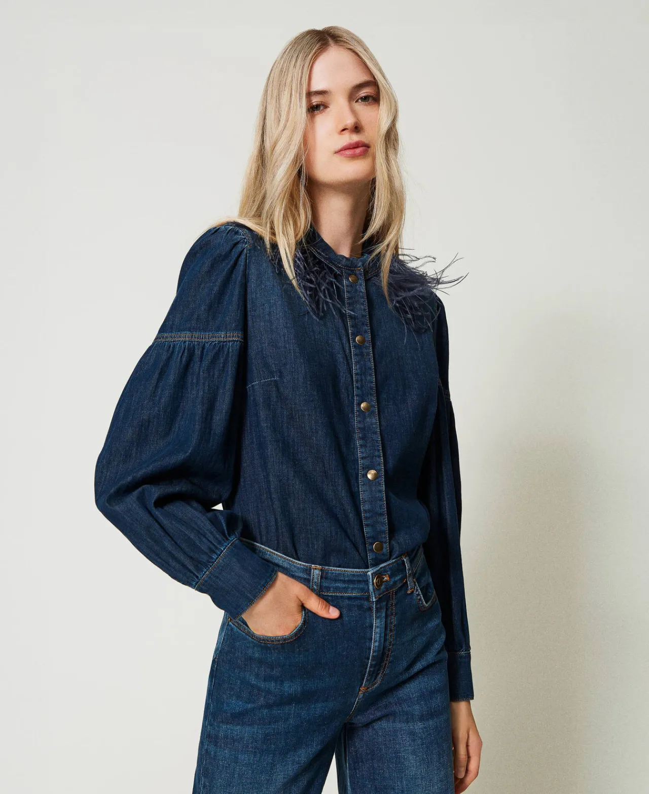 Blouses Et Chemises*TWINSET Milano Chemise En Jean Avec Plumes Denim Foncé