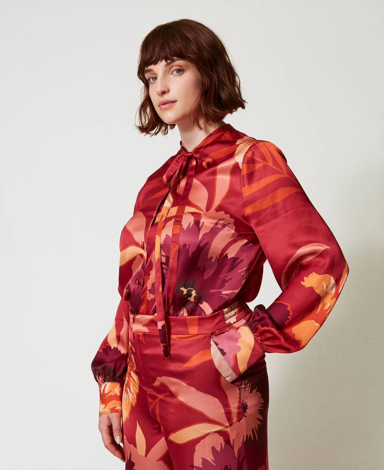 Blouses Et Chemises*TWINSET Milano Chemise En Satin Floral Grandes Fleurs Rouge/Red Plum