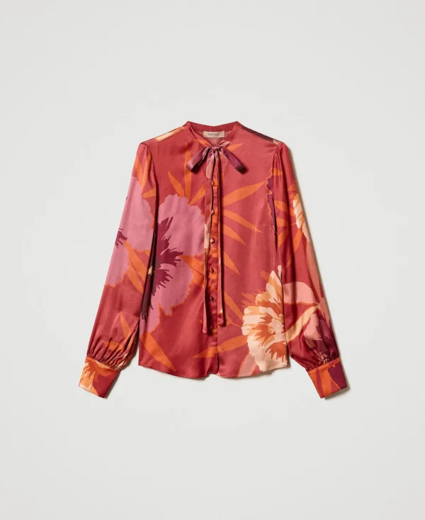 Blouses Et Chemises*TWINSET Milano Chemise En Satin Floral Grandes Fleurs Rouge/Red Plum