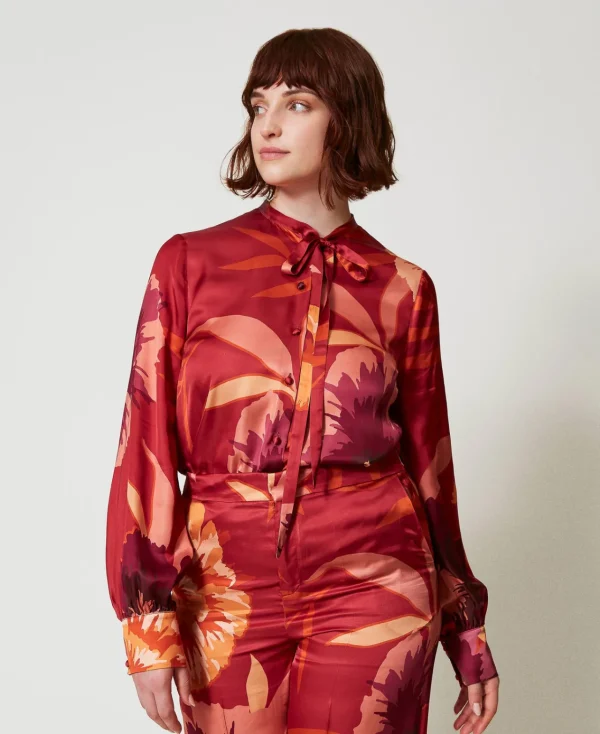 Blouses Et Chemises*TWINSET Milano Chemise En Satin Floral Grandes Fleurs Rouge/Red Plum