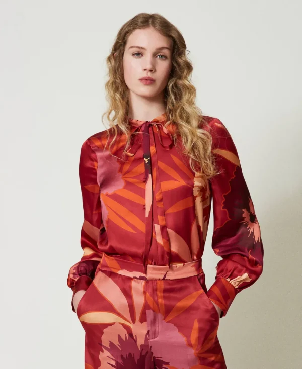 Blouses Et Chemises*TWINSET Milano Chemise En Satin Floral Grandes Fleurs Rouge/Red Plum