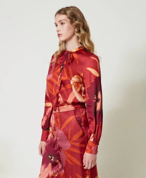 Blouses Et Chemises*TWINSET Milano Chemise En Satin Floral Grandes Fleurs Rouge/Red Plum