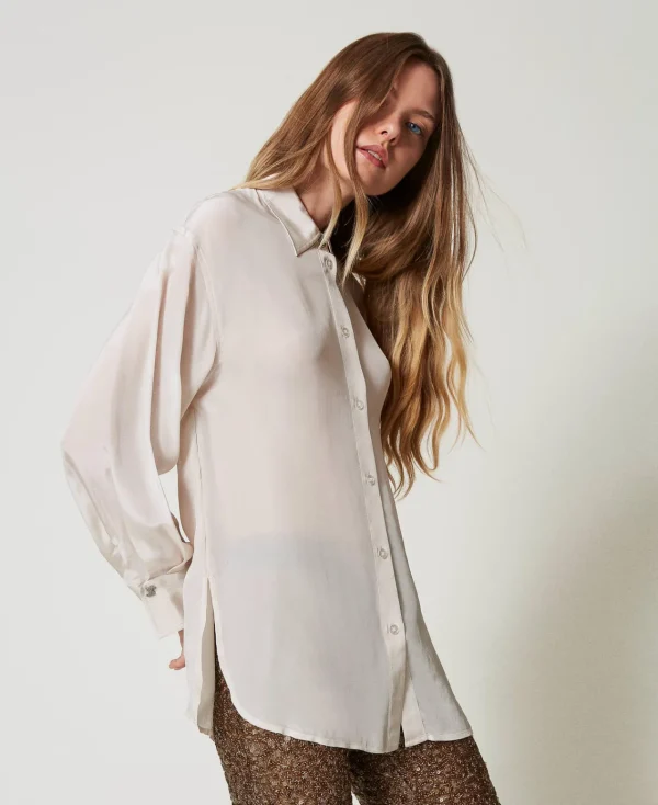 Blouses Et Chemises*TWINSET Milano Chemise MYFO En Satin Bicolore Poivre/Blanc Neige