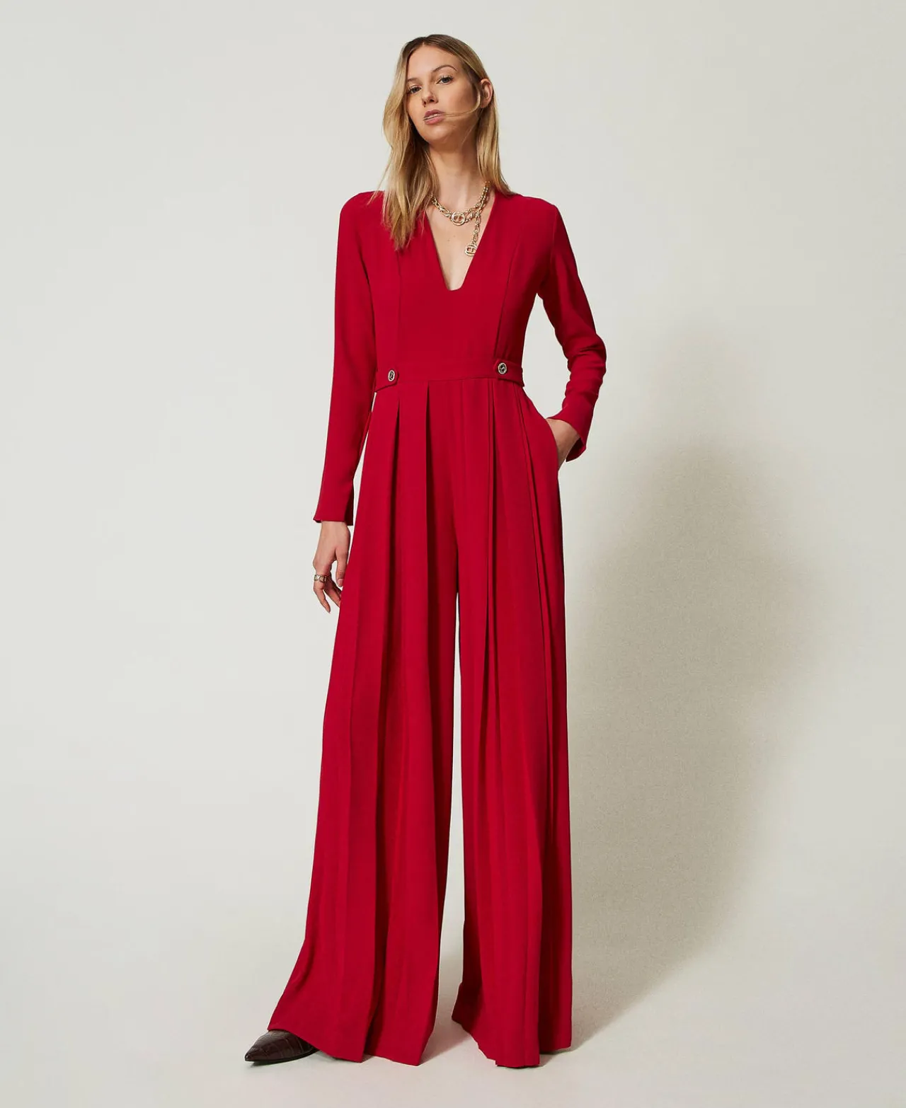 Robes Longues | Combinaisons*TWINSET Milano Combinaison En Crêpe Plissé Avec Boutons Rouge Vénitien